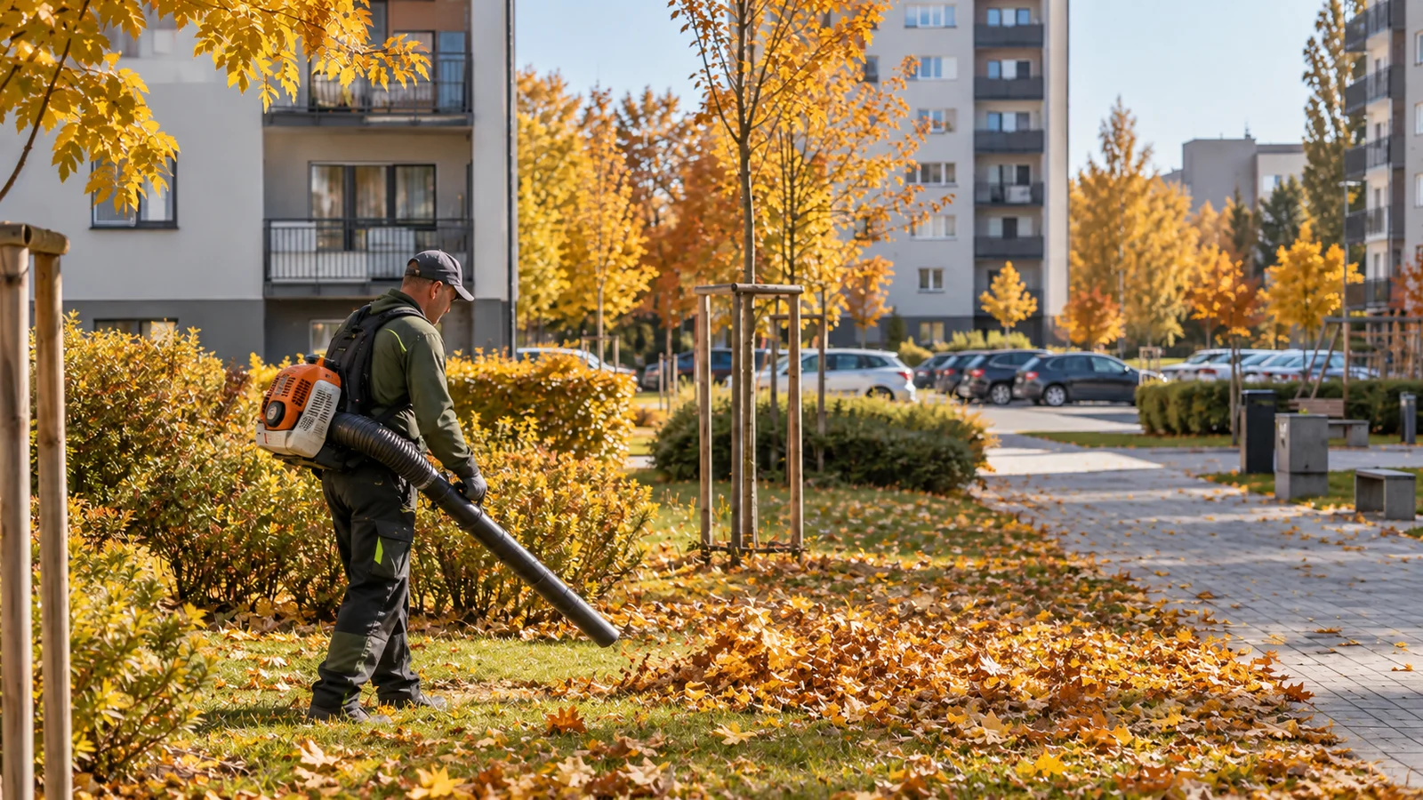 Teritorijos prižiūrėtojas rudenį tvarko daugiabučio kiemą Kaune
